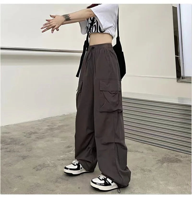 Pantalon cargo ample et décontracté pour femme, taille basse, style jogging, pantalon technique à cordon de serrage, jambes larges, style streetwear Y2K