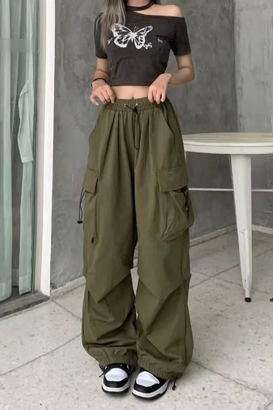 Pantalon cargo ample et décontracté pour femme, taille basse, style jogging, pantalon technique à cordon de serrage, jambes larges, style streetwear Y2K
