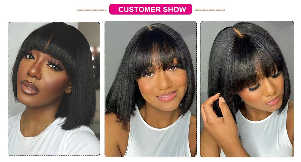 Perruques en cheveux humains lisses avec frange, raie au milieu, coupe au carré, style brésilien, effet cuir chevelu réaliste.