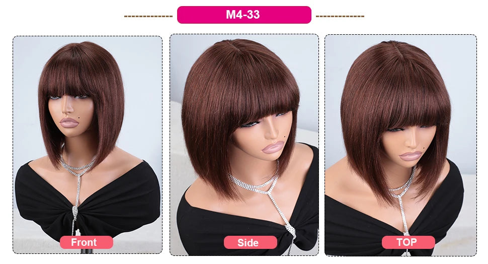 Perruques en cheveux humains lisses avec frange, raie au milieu, coupe au carré, style brésilien, effet cuir chevelu réaliste.