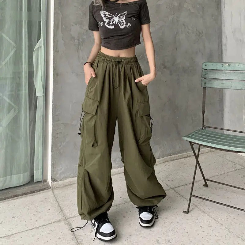 Pantalones cargo holgados informales para mujer, pantalones deportivos de cintura baja, pantalones técnicos con cordón, pantalones anchos holgados, estilo urbano Y2K, pantalones de chándal.