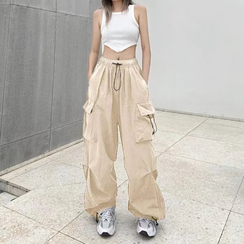 Pantalon cargo ample et décontracté pour femme, taille basse, style jogging, pantalon technique à cordon de serrage, jambes larges, style streetwear Y2K