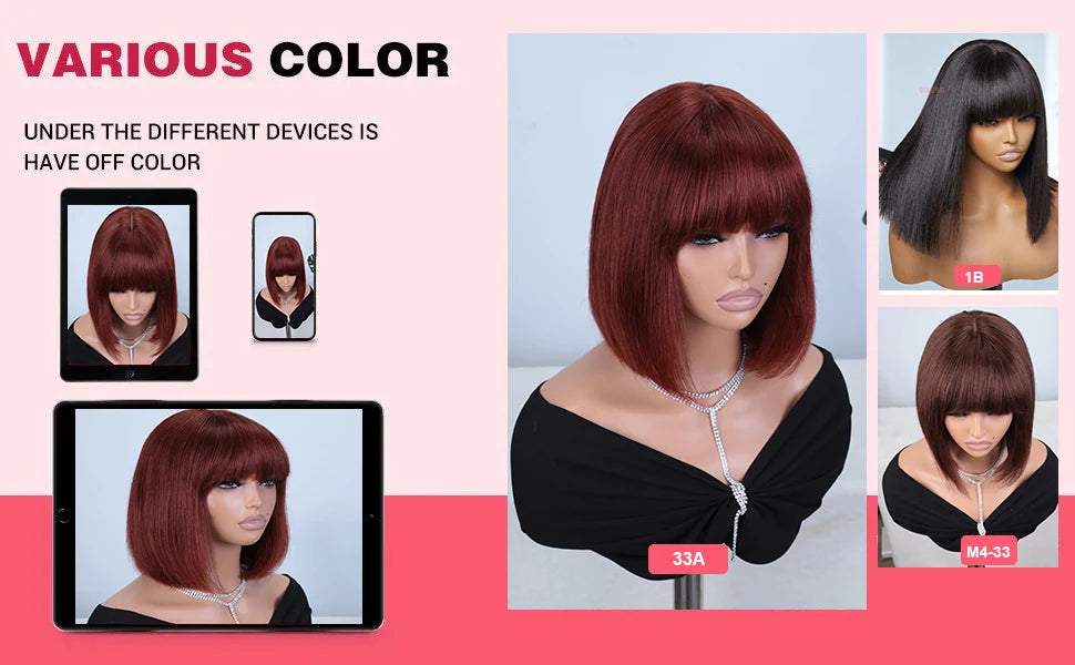 Perruques en cheveux humains lisses avec frange, raie au milieu, coupe au carré, style brésilien, effet cuir chevelu réaliste.