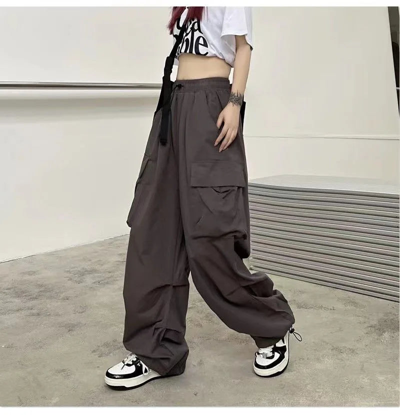 Pantalon cargo ample et décontracté pour femme, taille basse, style jogging, pantalon technique à cordon de serrage, jambes larges, style streetwear Y2K