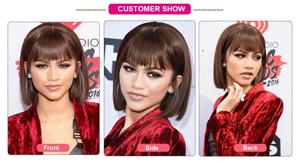 Perruques en cheveux humains lisses avec frange, raie au milieu, coupe au carré, style brésilien, effet cuir chevelu réaliste.