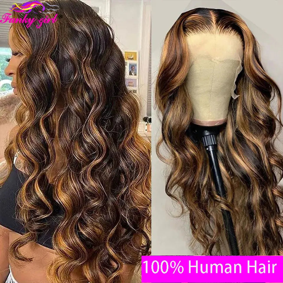 Perruque ondulée en cheveux humains, perruque en dentelle, blond miel, raie en T, perruque brésilienne Remy, 27/04