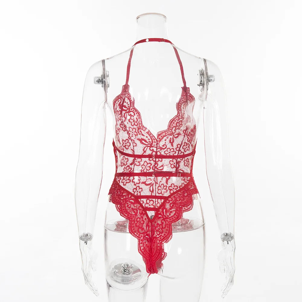 Ensemble de lingerie sexy pour femme, body en dentelle résille, lingerie florale transparente, ensemble soutien-gorge une pièce