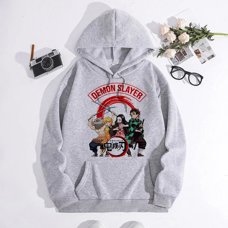 Japanese Anime Demon Slayer Hoodie Unisex Kamado Tanjirou Graphic Sweatshirts Greys Y2k Harajuku Fashion Cartoon Pullover Winter