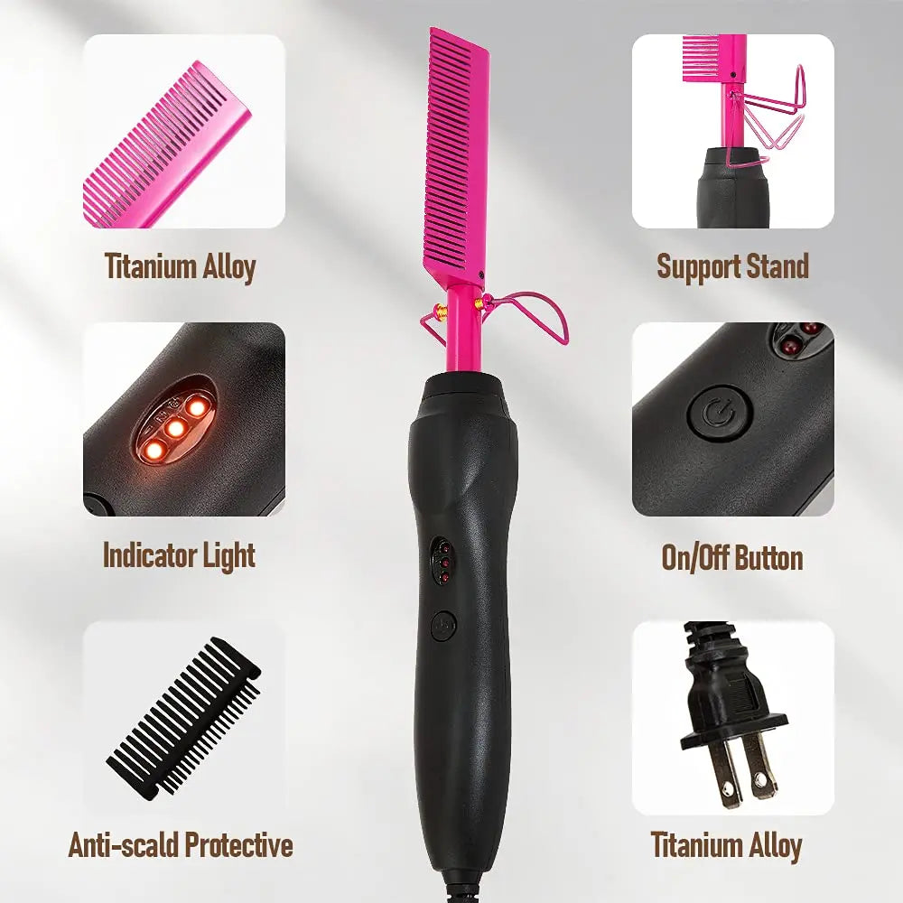 Peigne chauffant électrique rose, fer à lisser pour cheveux, barbe et perruques, utilisable sur cheveux secs ou mouillés.
