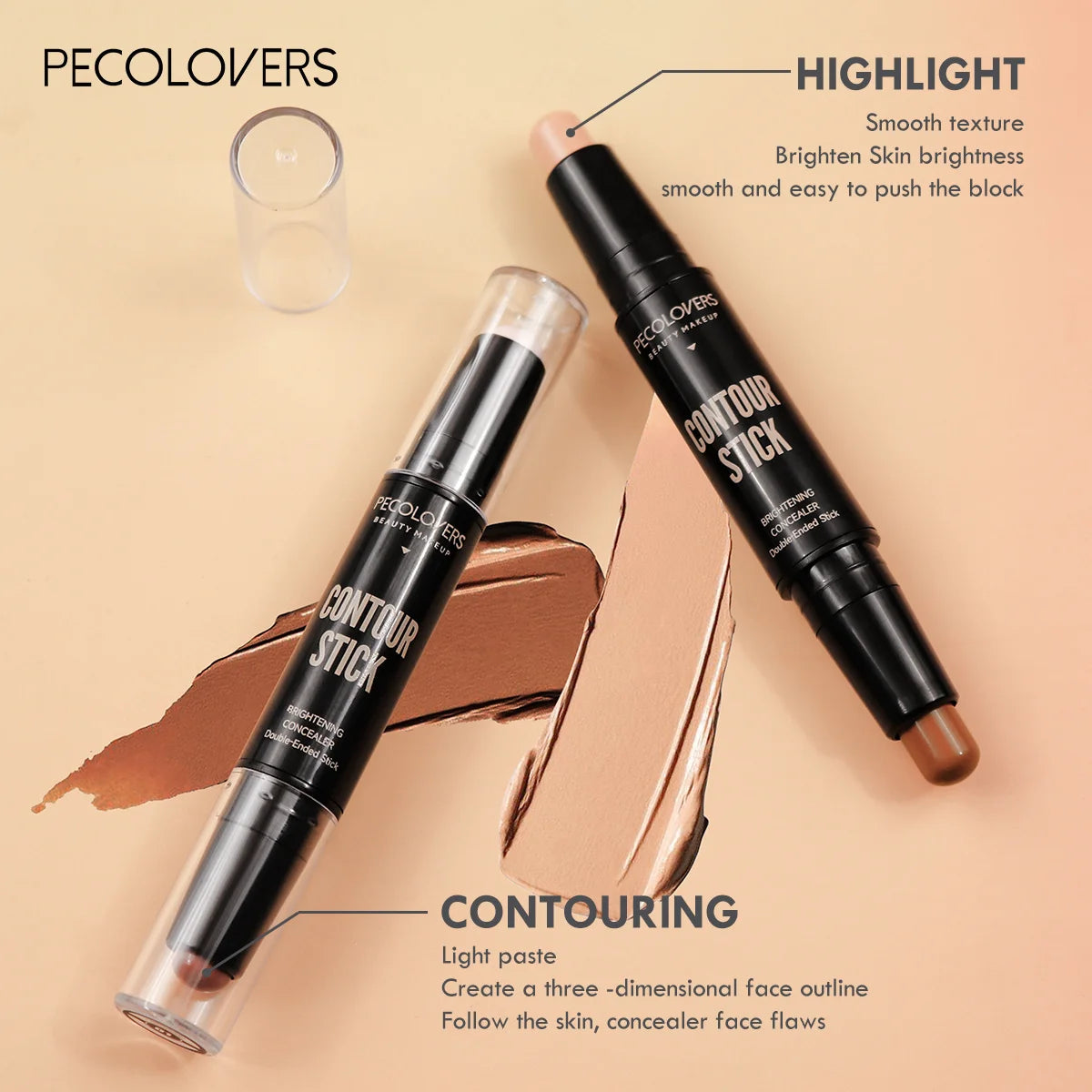 Stick contouring avec correcteur et illuminateur double embout pour un effet 3D sur l'arête du nez et un visage en V.