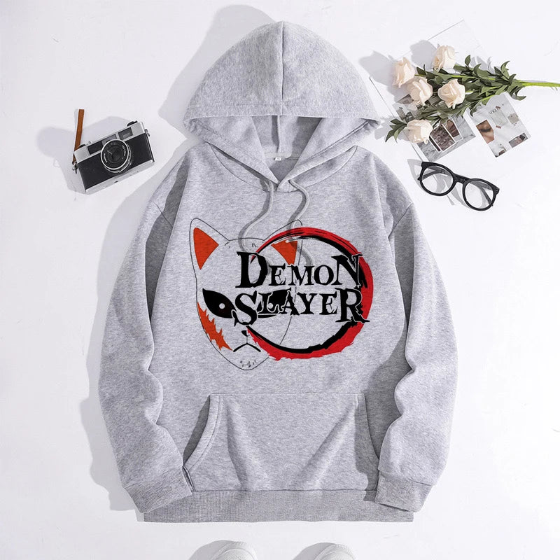 Japanese Anime Demon Slayer Hoodie Unisex Kamado Tanjirou Graphic Sweatshirts Greys Y2k Harajuku Fashion Cartoon Pullover Winter