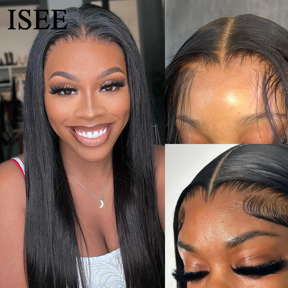 Perruques ISEE Hair sans colle, cheveux humains, prêtes à porter, lisses, pré-épilées, faciles à porter, avec lace front 7x5HD et dentelle prédécoupée.