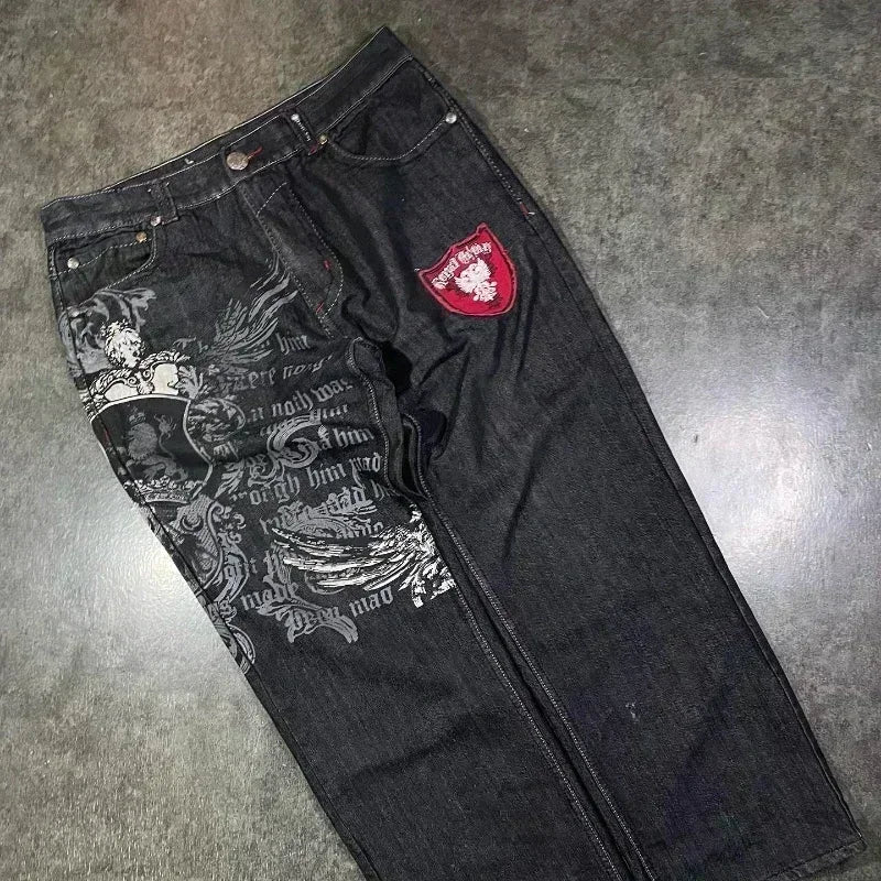 Jean tendance streetwear brodé de têtes de mort pour femme, style Harajuku Y2K, pantalon droit à jambes larges, style Joker, jean décontracté pour couple