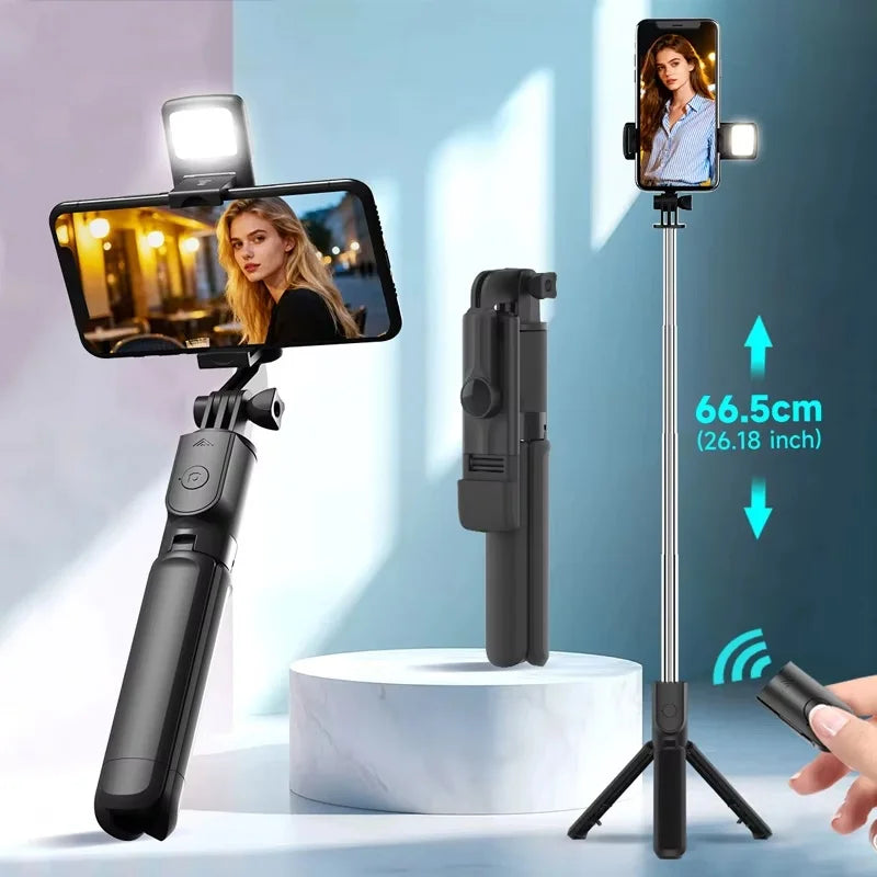 Perche à selfie avec trépied, télécommande Bluetooth et support de téléphone sans fil avec lumière LED intégrée pour le streaming en direct.