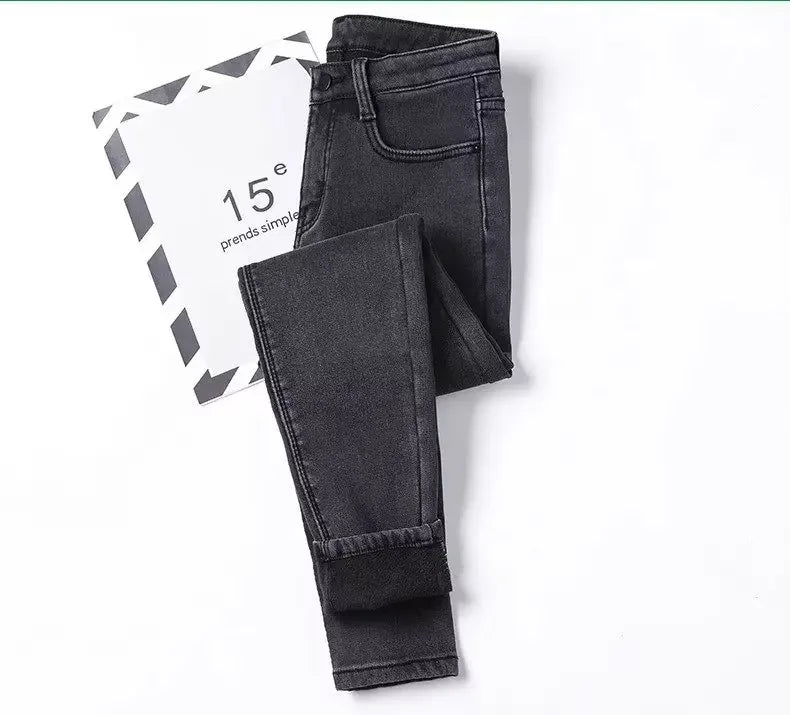 Jean skinny taille haute doublé polaire pour femme, épais et chaud, idéal pour l'hiver. Nouveau style polyvalent, coupe crayon, décontracté et confortable.