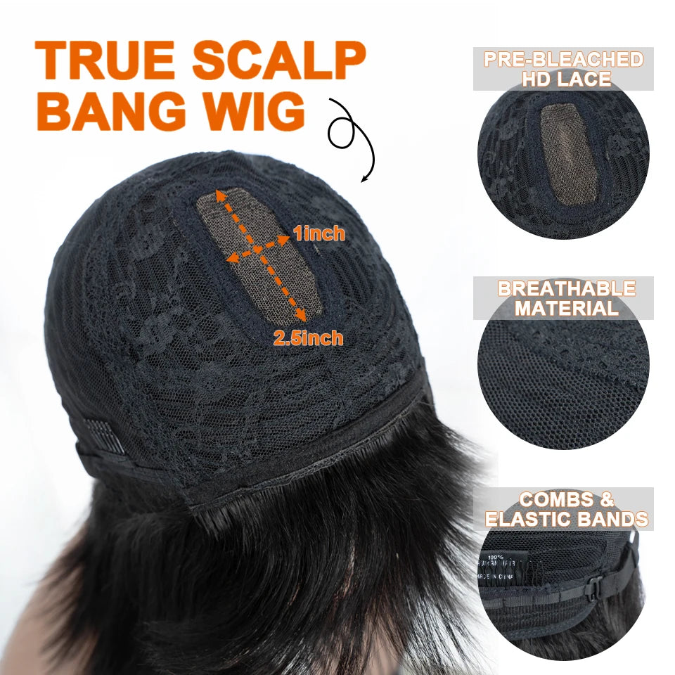 Perruques en cheveux humains lisses avec frange, raie au milieu, coupe au carré, style brésilien, effet cuir chevelu réaliste.