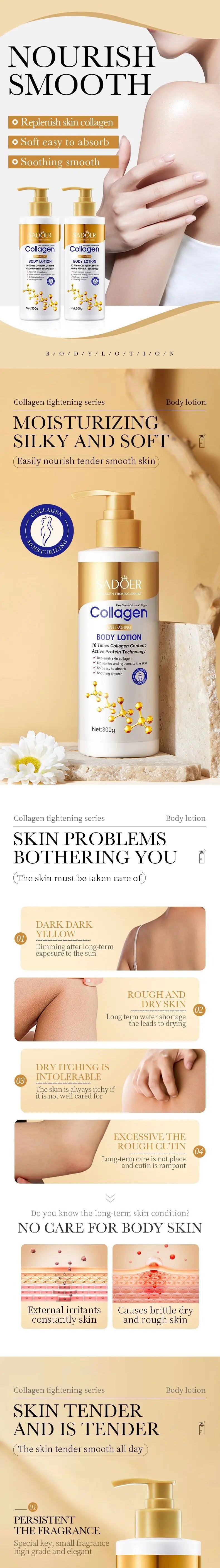 Lotion corporelle au collagène pour raffermir et hydrater la peau - Soin hydratant intense anti-âge pour peaux sèches et relâchées, nourrissante 300 g/pièce