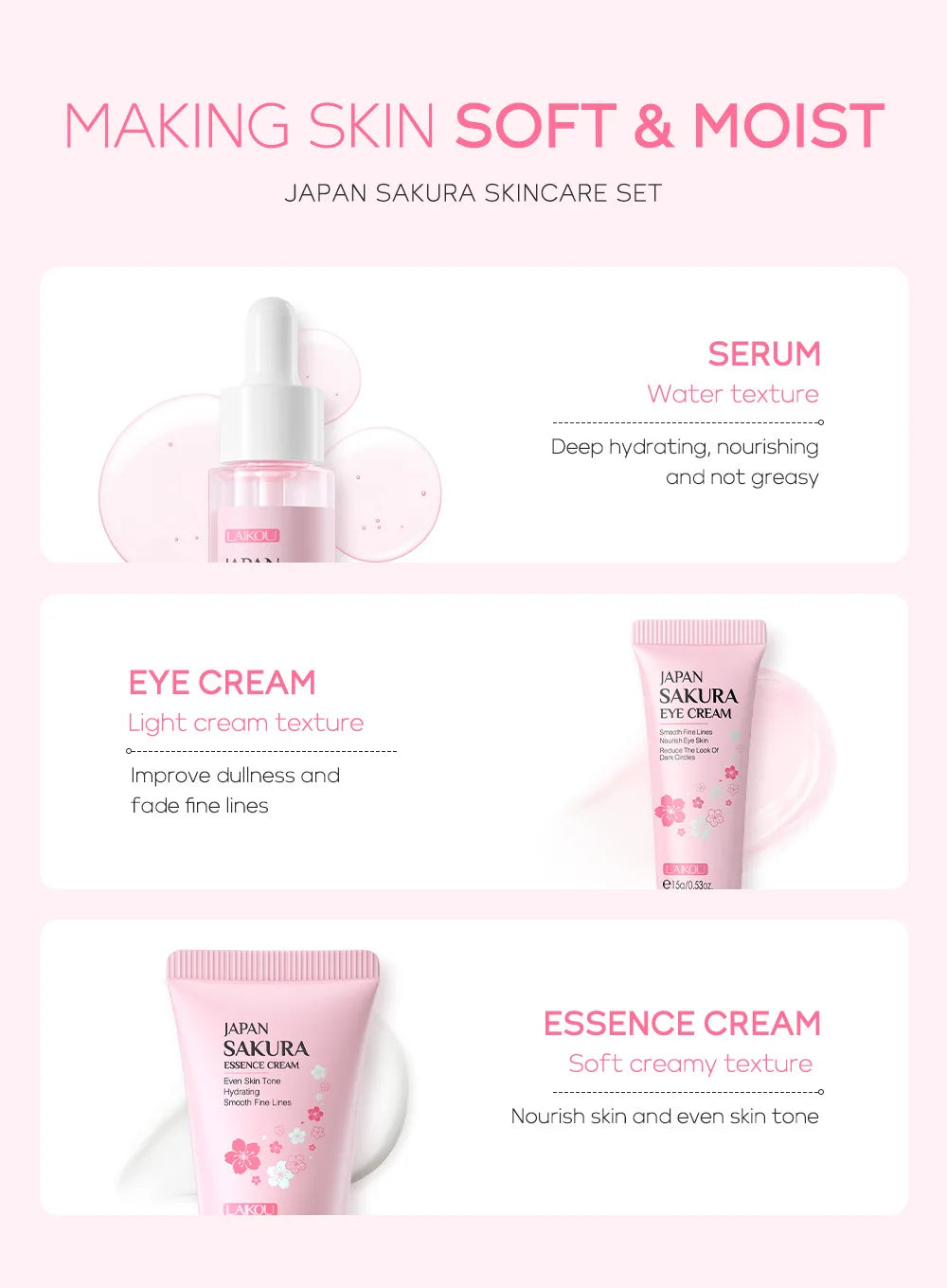 Set de 3 piezas LAIKOU Vitamina C 24K Golden Sakura Kit de cuidado facial Crema facial Sérum Crema para ojos Hidratante Antiarrugas