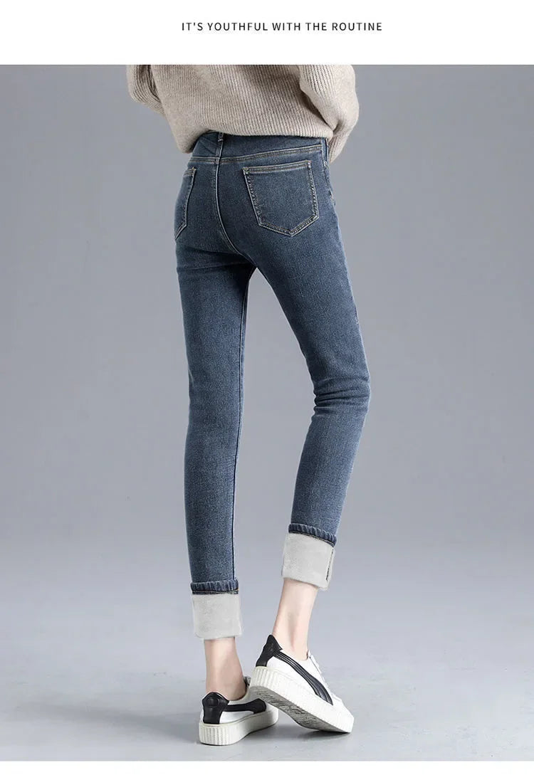 Jean d'hiver épais doublé polaire pour femme, amincissant, chaud et élastique, coupe crayon