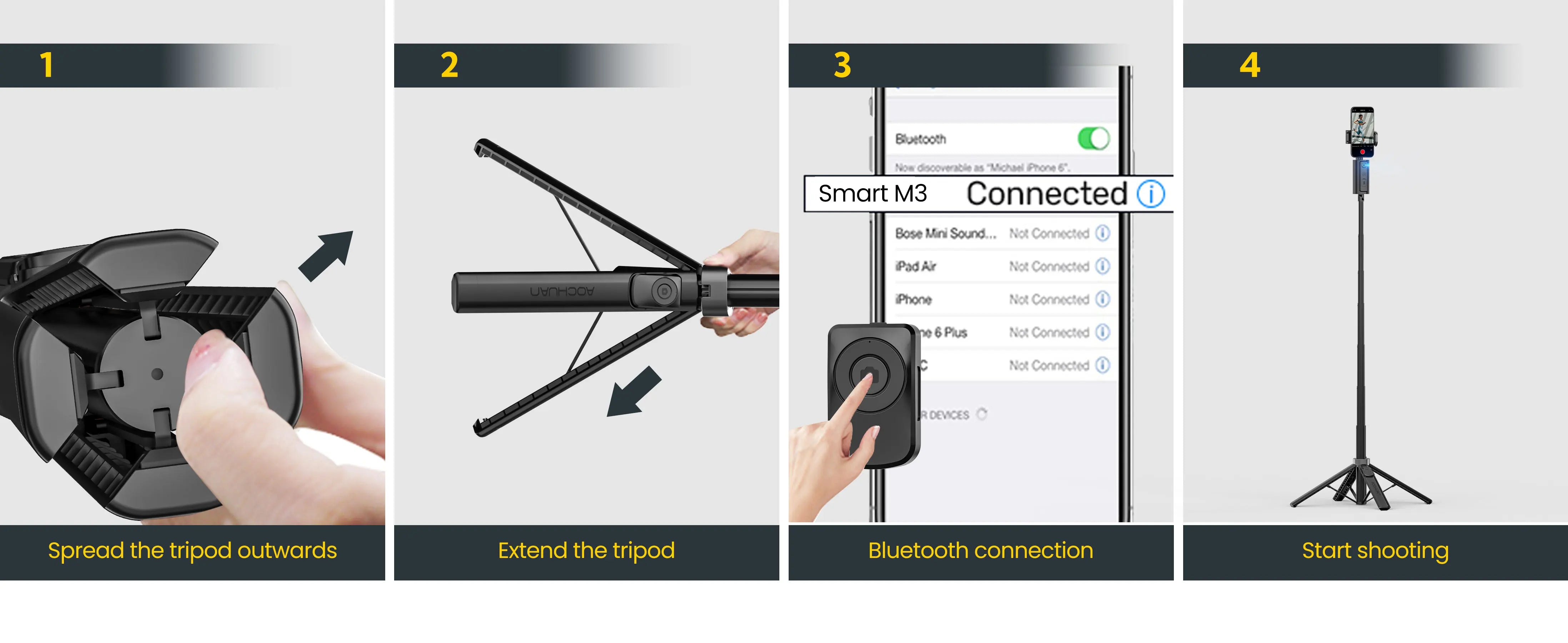 Perche à selfie portable AOCHUAN Smart M3 équipée d'un suivi IA et d'une rotation à 360° sans angle mort pour les photos sur smartphone