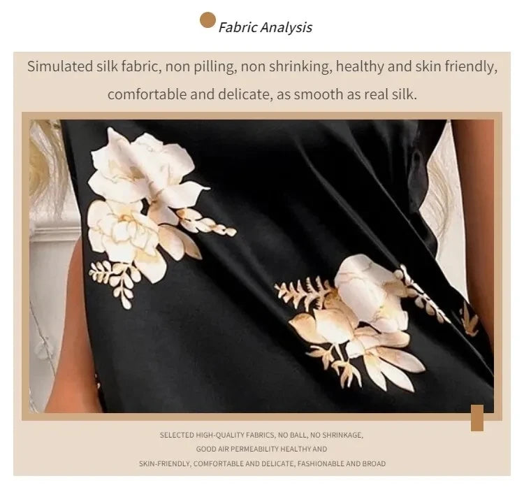 Vêtements de nuit pour femmes, vêtements d'intérieur, nuisette sexy noire à imprimé floral, chemises de nuit en soie, chemises de nuit pour femmes