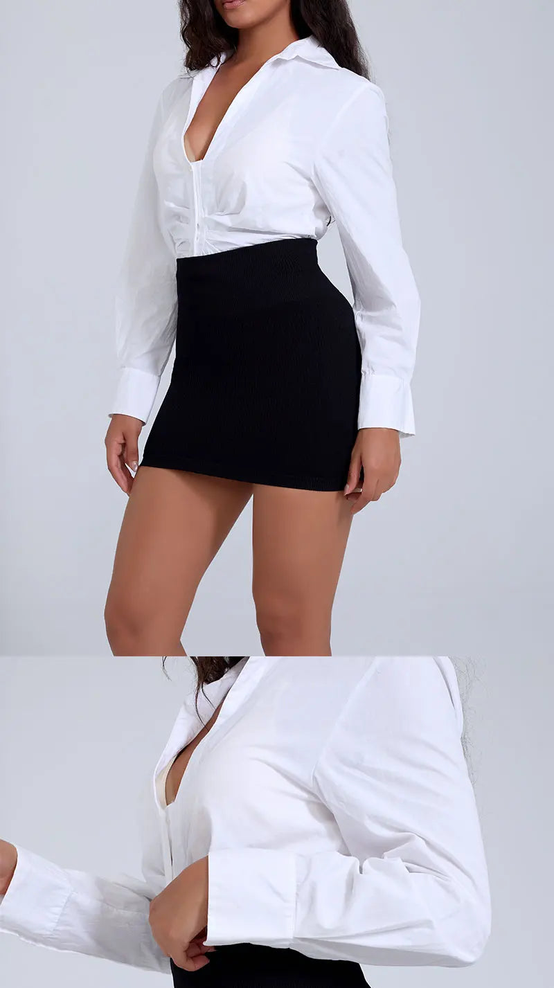 FINETOO Printemps Été Nouvelle Jupe Mini Taille Haute Élastique Noire Affinante en Tricot Court pour Femmes Professionnelles