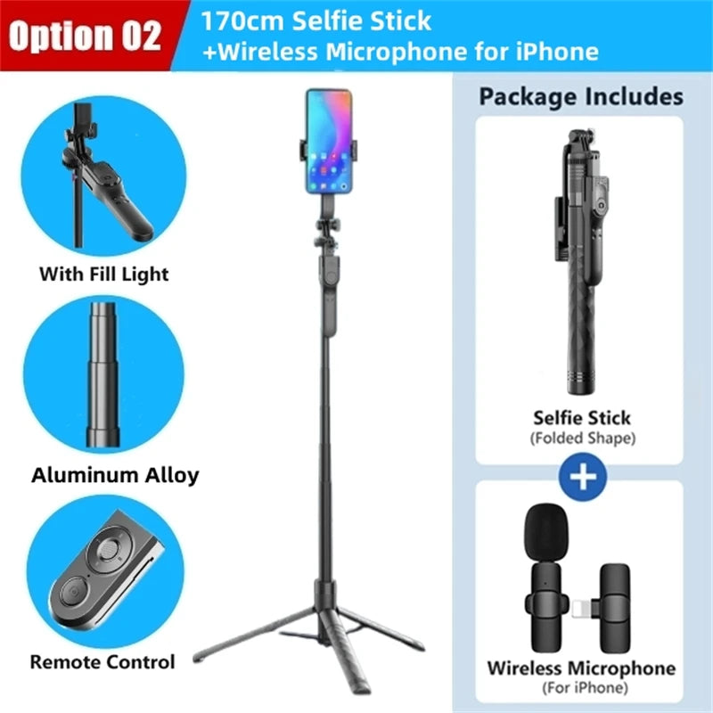 Perche à selfie sans fil FANGTUOSI 1750 mm, trépied, monopode pliable avec lumière LED pour smartphones, prise de vue stable et équilibrée en direct
