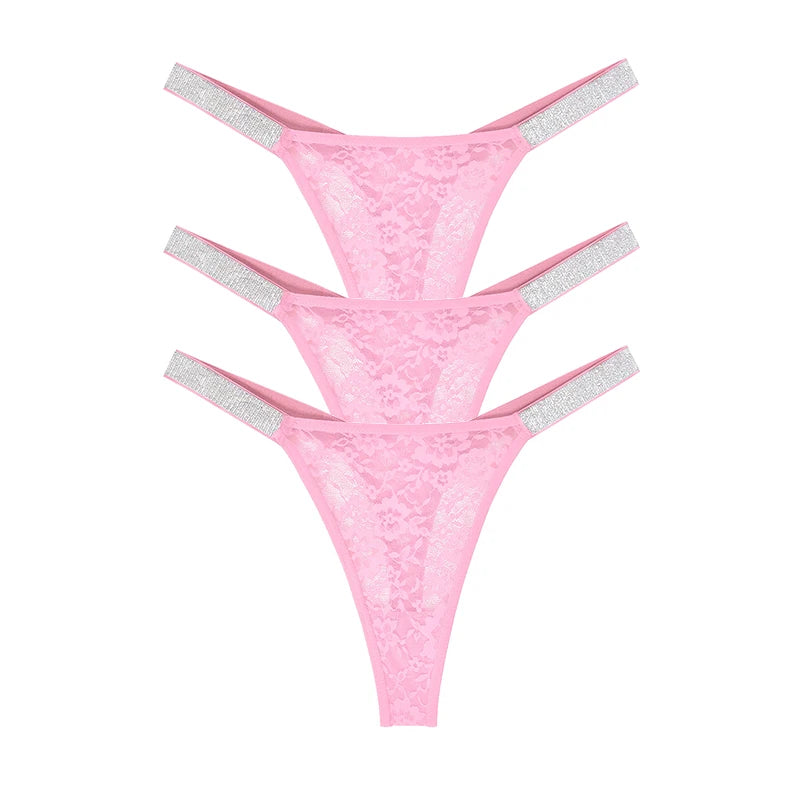 Lot de 3 strings sexy en dentelle pour femme, culottes fleuries transparentes, taille basse, deux ceintures brillantes, string confortable, lingerie intime