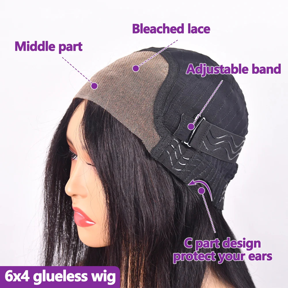 Perruque 6x4 sans colle en cheveux humains, perruque 4x4 prête à porter, perruque frontale en dentelle lisse, pré-coupée et pré-épilée, livraison en 3 jours.