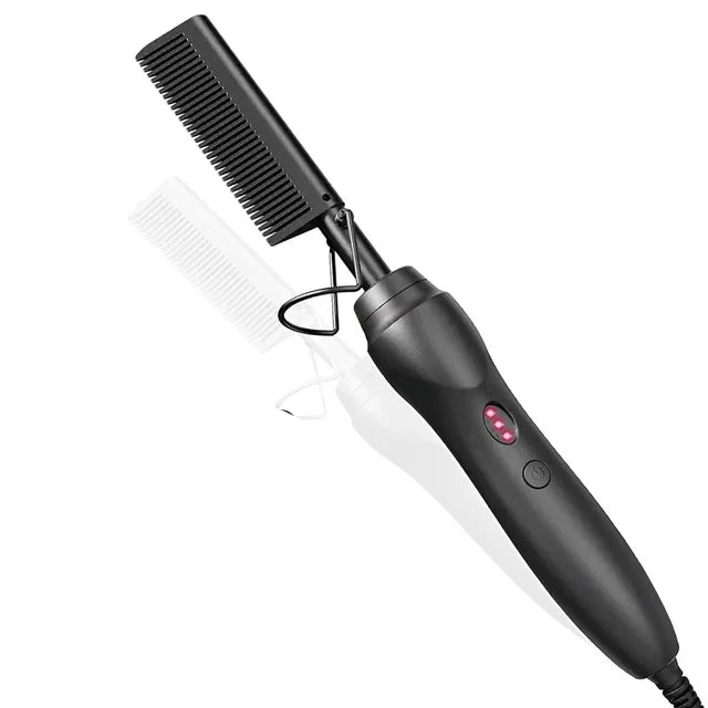 Peigne chauffant électrique rose, fer à lisser pour cheveux, barbe et perruques, utilisable sur cheveux secs ou mouillés.