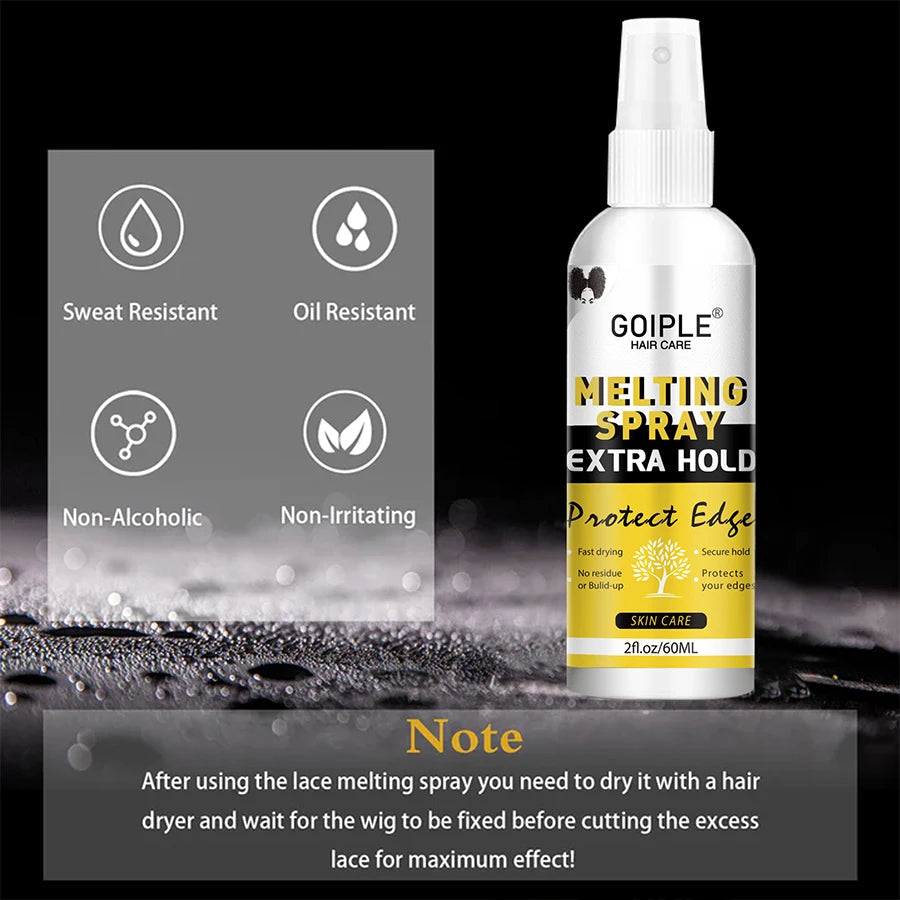 Spray fondant à séchage rapide, imperméable et puissant, dissolvant pour colle à perruque, cire lissante en bâtonnet, gel ou outil pour contrôler les frisottis et la ligne des cheveux.