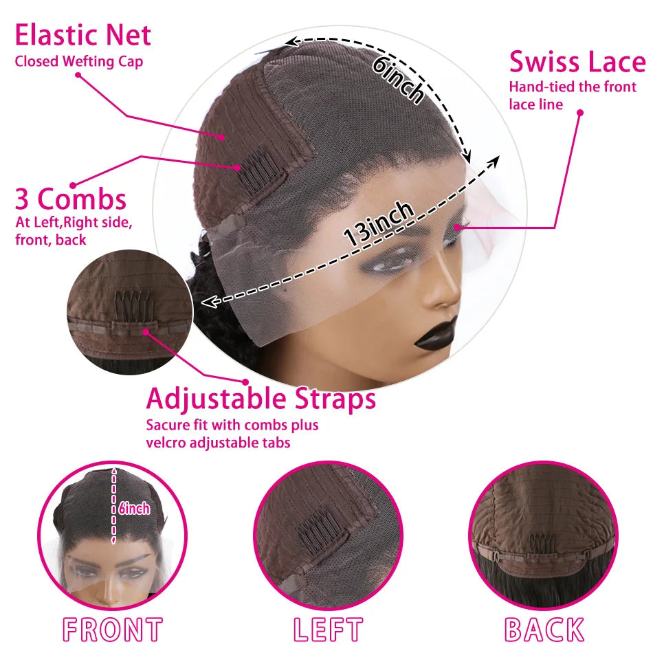 Perruque Lace Front 13x4, densité 200, ondulée, brésilienne, sans colle, noire, 13x6, transparente HD, cheveux humains