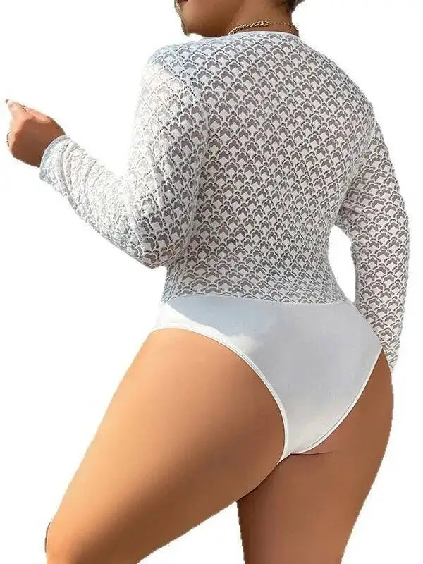 Sexy White Lace Sheer Bodysuits Elegant Long Sleeve New Hollow Out Inner Wear Women's Bodysuits Transparent V Neck Charming 8ABE