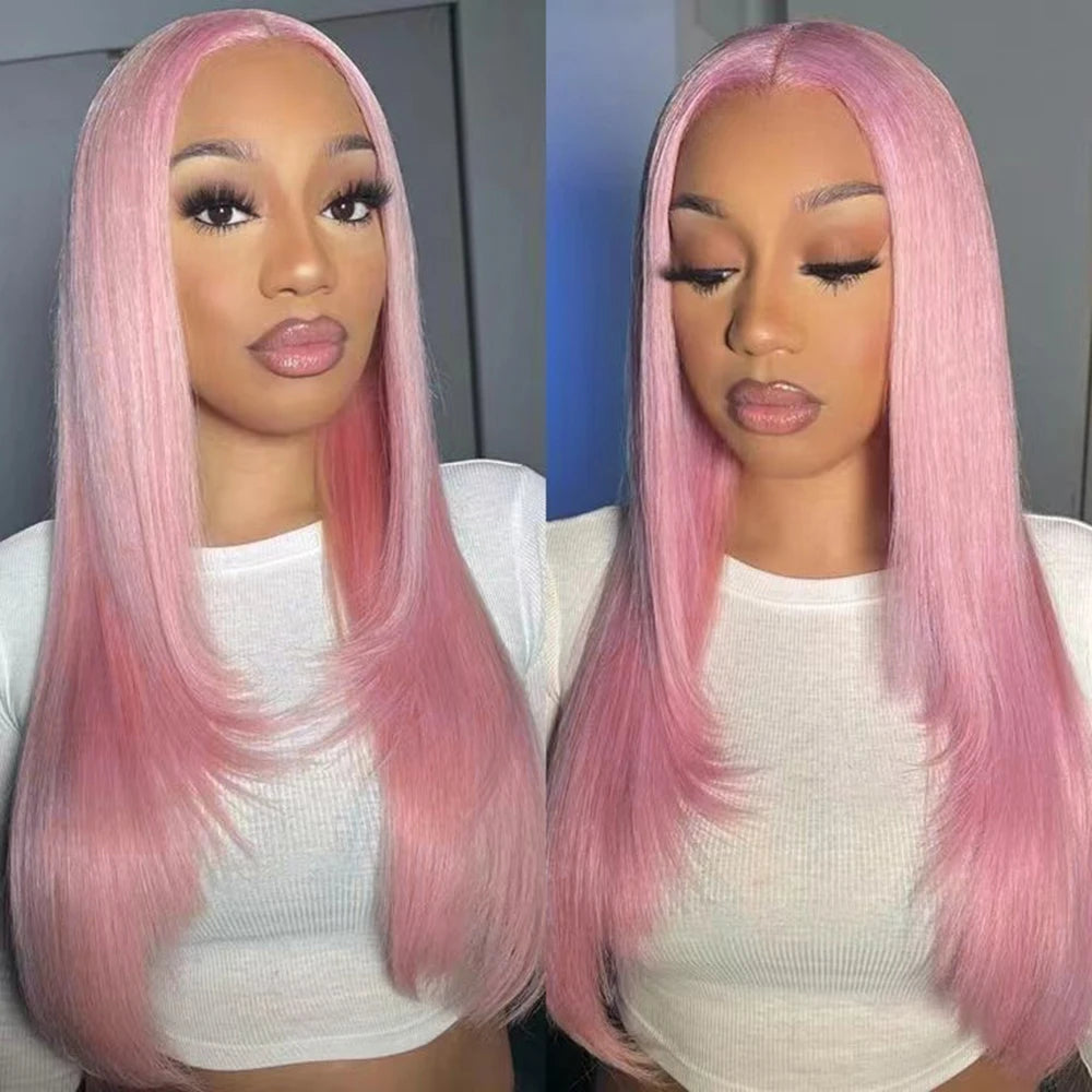 RONGDUOYI Perruque rose dégradée, lisse, avec lace front, cheveux naturels longs et raides, perruque synthétique en fibre chauffante violette pour cosplay