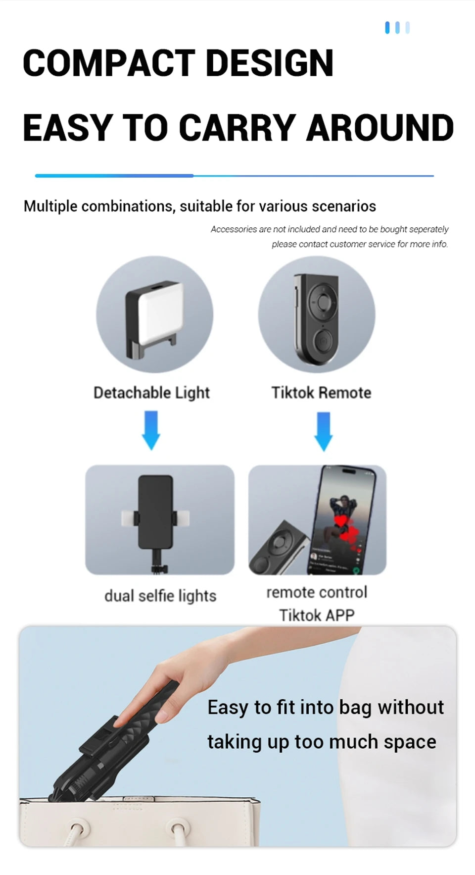 Perche à selfie sans fil FANGTUOSI 1750 mm, trépied, monopode pliable avec lumière LED pour smartphones, prise de vue stable et équilibrée en direct