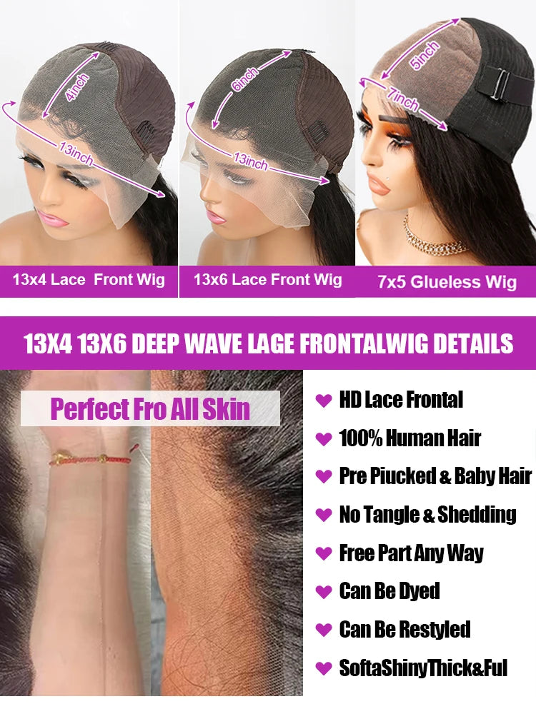 Perruques en cheveux humains pour femmes, 40 à 50 pouces, 13x4 ou 13x6, ondulées, avec lace frontale HD, sans colle, pré-épilées, densité 300 %.