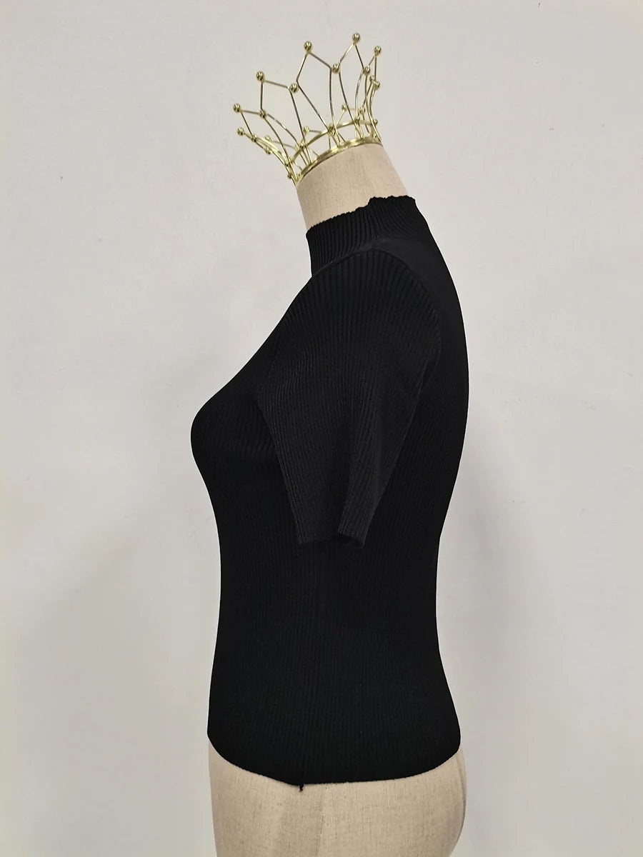 TWOTWINSTYLE Hollow Out Spliced Metal Buckle T Shirts For Women Turtleneck Short Sleeve Minimalist Slimming T Shirt Female 2025