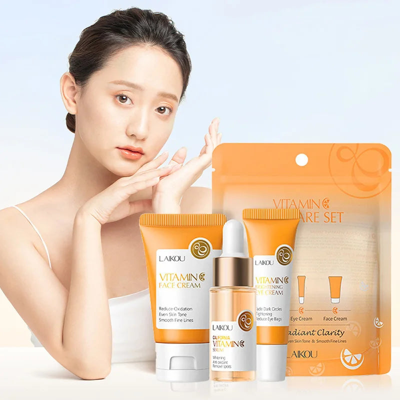Set de 3 piezas LAIKOU Vitamina C 24K Golden Sakura Kit de cuidado facial Crema facial Sérum Crema para ojos Hidratante Antiarrugas