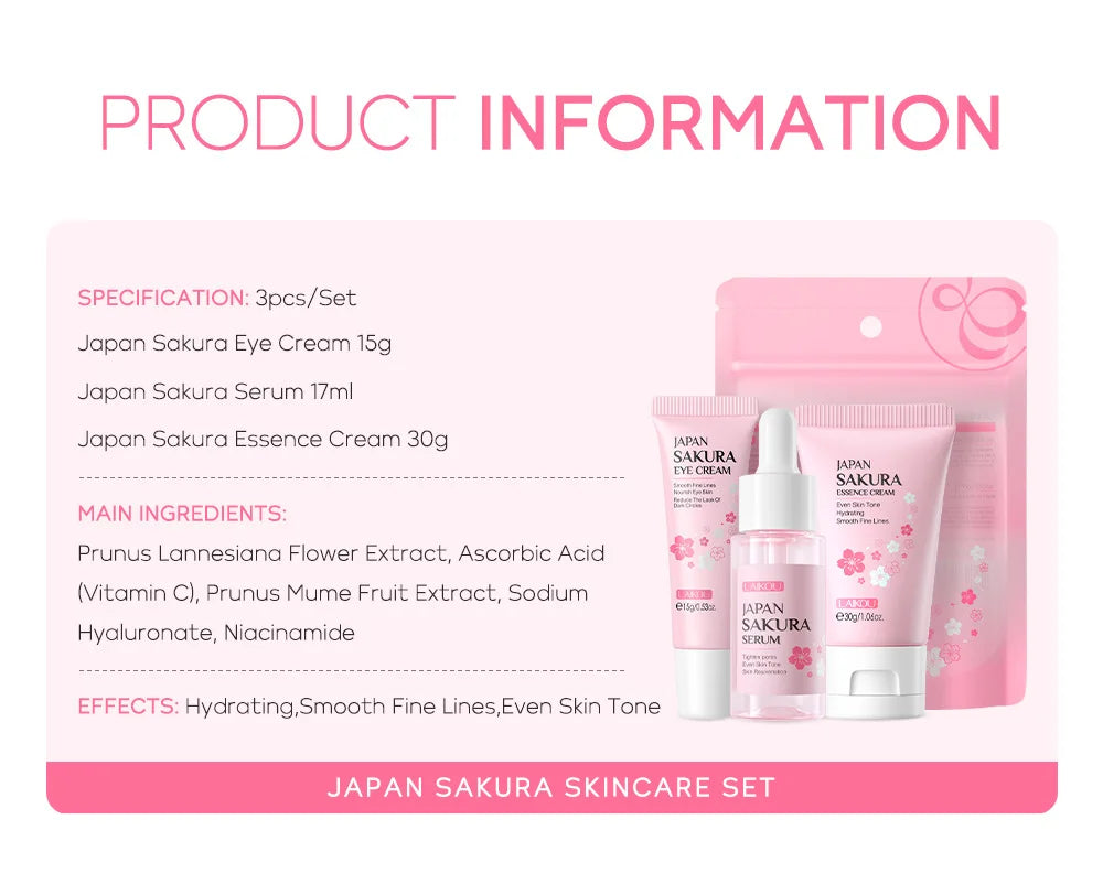 Set de 3 piezas LAIKOU Vitamina C 24K Golden Sakura Kit de cuidado facial Crema facial Sérum Crema para ojos Hidratante Antiarrugas