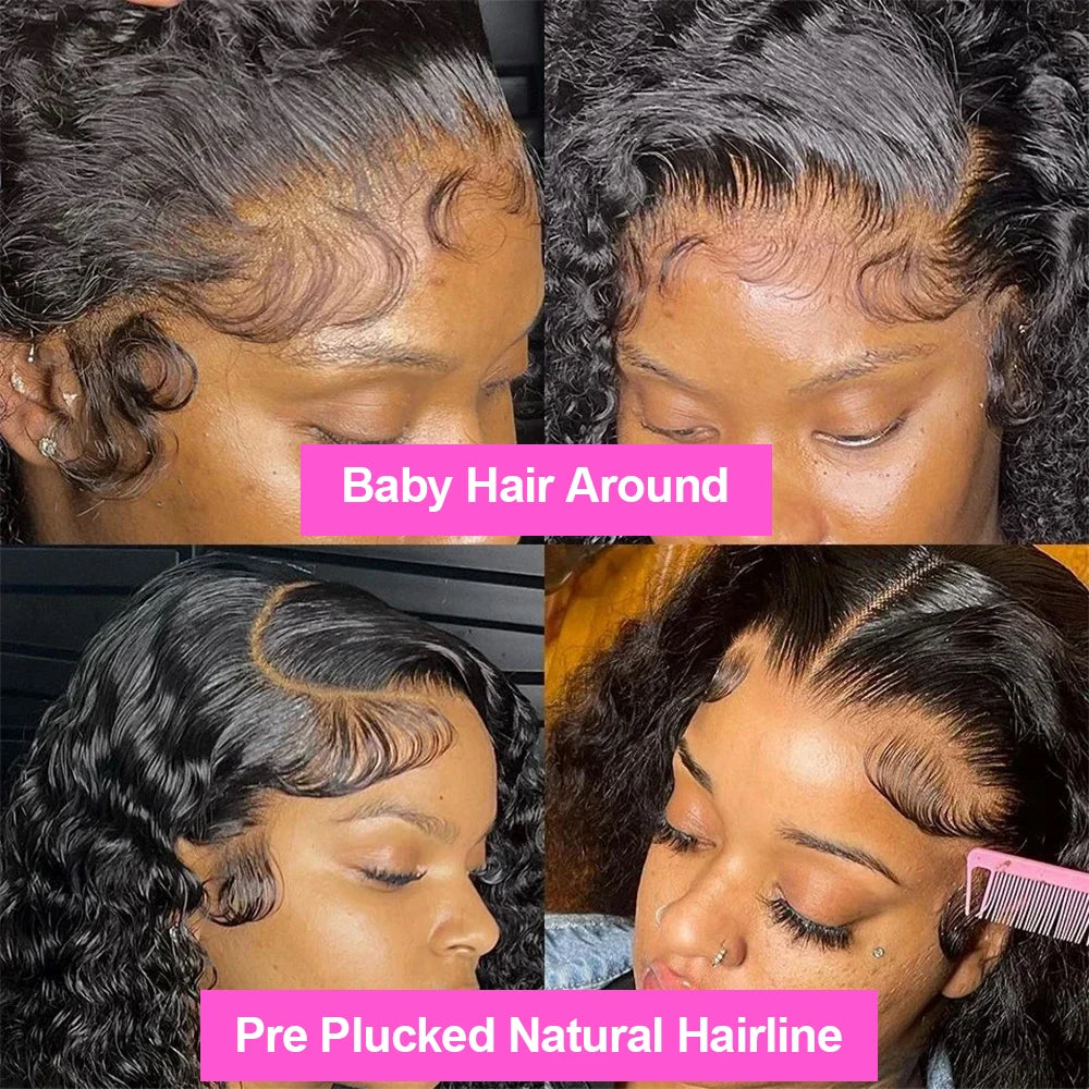 Perruques bouclées au carré, cheveux humains brésiliens, 13x4 Deep Water Wave, perruques frontales en dentelle 5x1 et 13x1 avec raie en T, pour femmes, pré-épilées à 200 %.