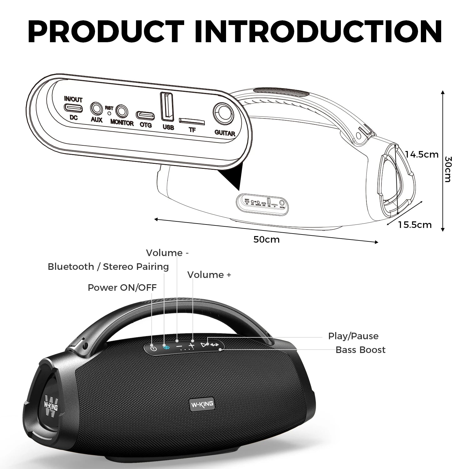 Enceinte Bluetooth portable W-KING 200 W RMS, boombox de fête aux basses puissantes, enceinte étanche IPX7, grande enceinte puissante pour l'extérieur