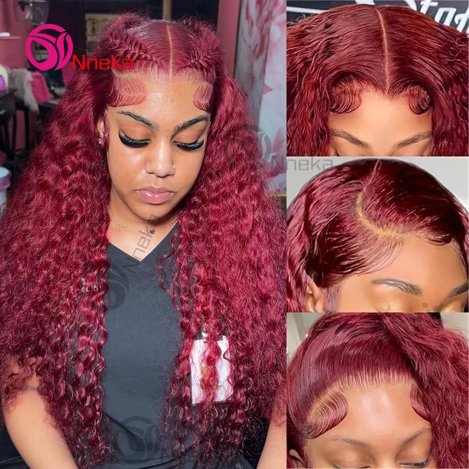 Perruque Lace Frontale en Cheveux Humains Bordeaux 13x6 HD, Ondulation Profonde, Cheveux Humains Bouclés, Couleur Eau, Rouge 99j, 30 pouces
