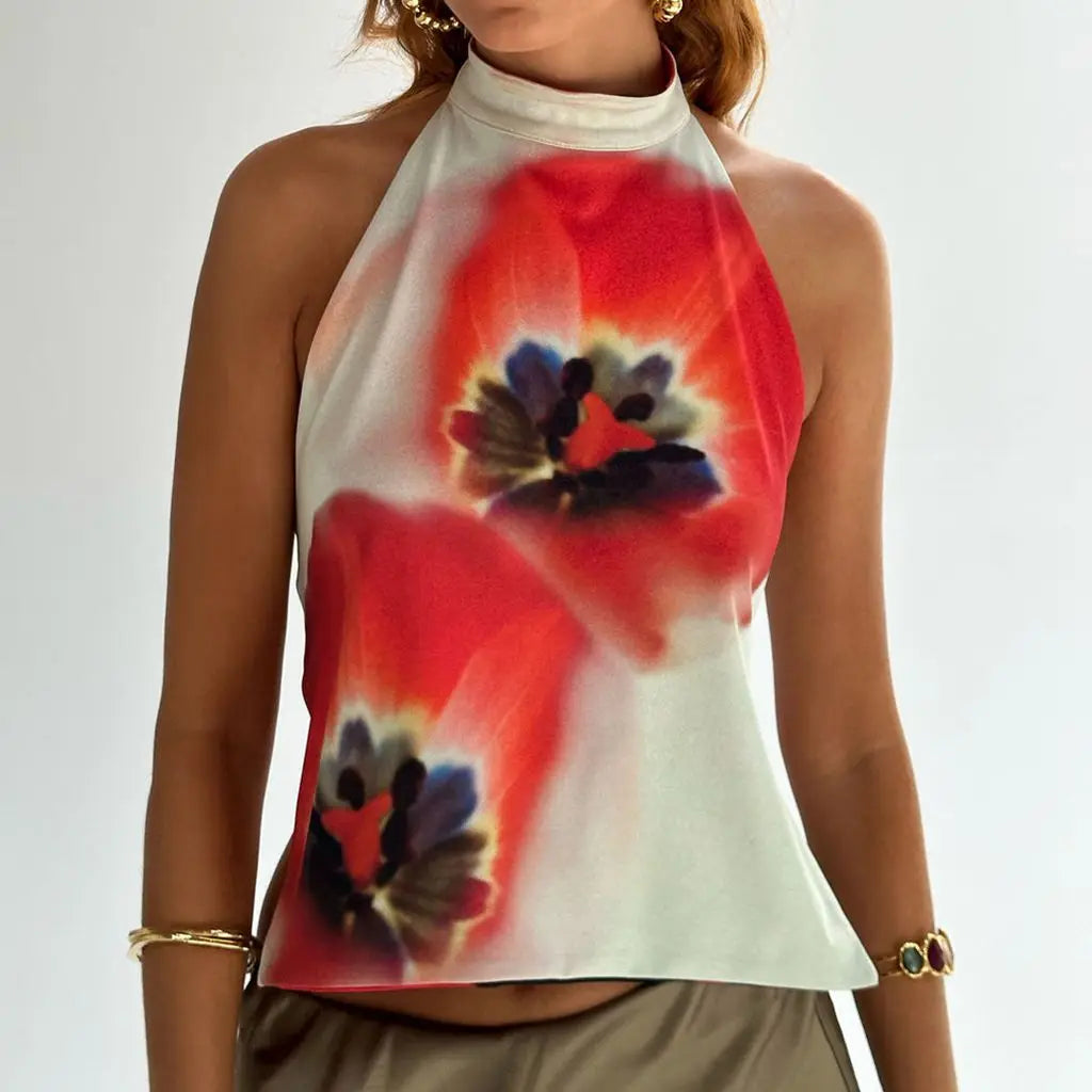Combhasaki Débardeurs d'été pour femmes, style années 2000, à boutons, col halter, sans manches, dos nu, imprimé à pois/fleurs tie-dye