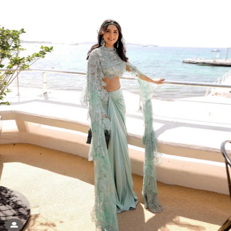 Indian Saree 2 Piece Prom Gowns Chic Lace Pleated vestido do fiesta Fashion Long Sleeve Formal Dresses Mint Color