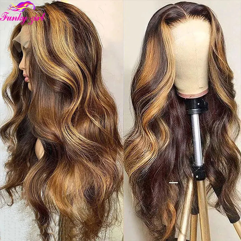 Perruque ondulée en cheveux humains, perruque en dentelle, blond miel, raie en T, perruque brésilienne Remy, 27/04