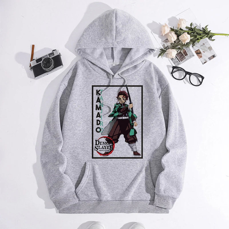 Japanese Anime Demon Slayer Hoodie Unisex Kamado Tanjirou Graphic Sweatshirts Greys Y2k Harajuku Fashion Cartoon Pullover Winter