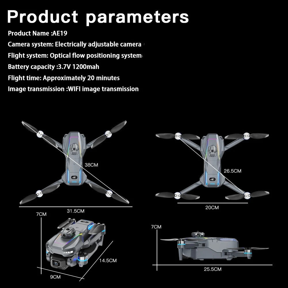 Drone AE19 GPS, écran LCD 4,3", double caméra 8K/4K, rotation à 360° avec détection d'obstacles, 3 options de batterie, quadricoptère radiocommandé professionnel, idéal pour les cadeaux et les voyages.