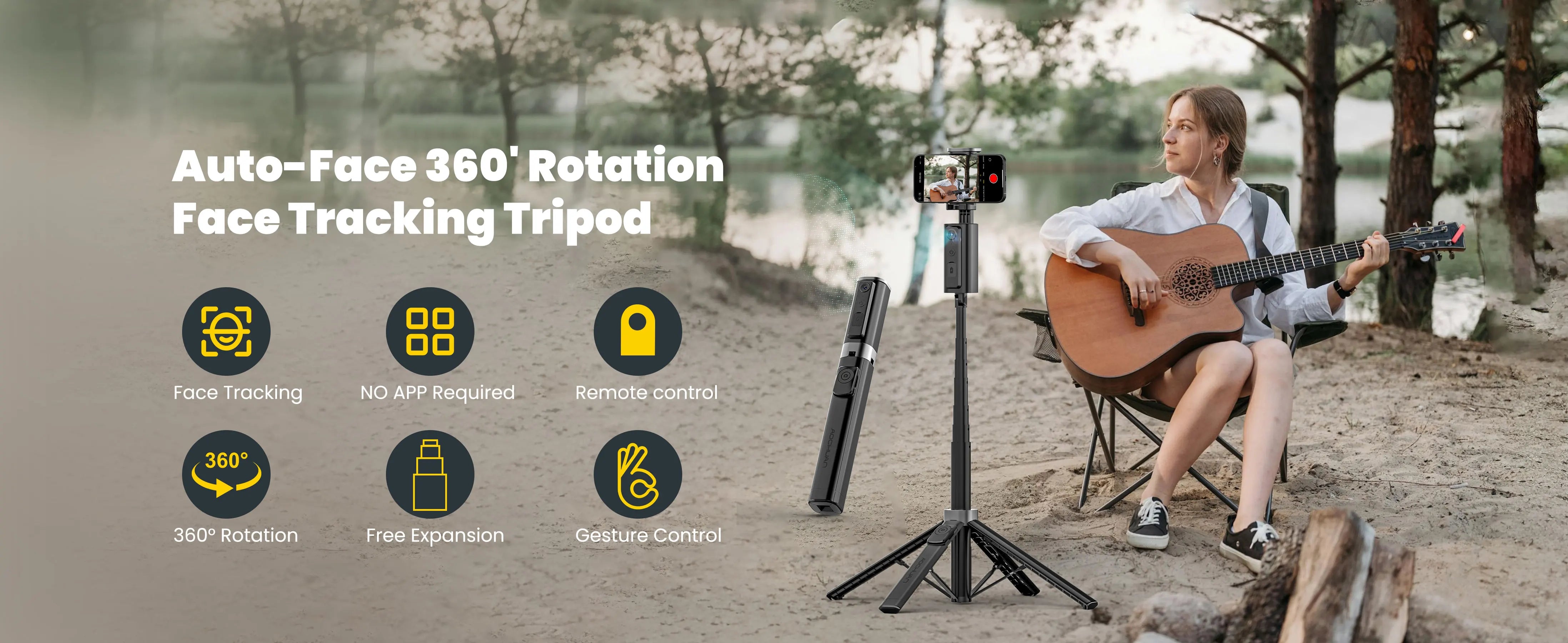 Perche à selfie portable AOCHUAN Smart M3 équipée d'un suivi IA et d'une rotation à 360° sans angle mort pour les photos sur smartphone