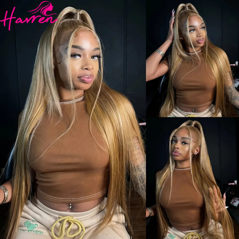 Perruque 13x6 HD Highlight, perruque frontale en dentelle colorée, cheveux humains 100% naturels, blond miel pré-épilé, perruque frontale en dentelle lisse 13x4