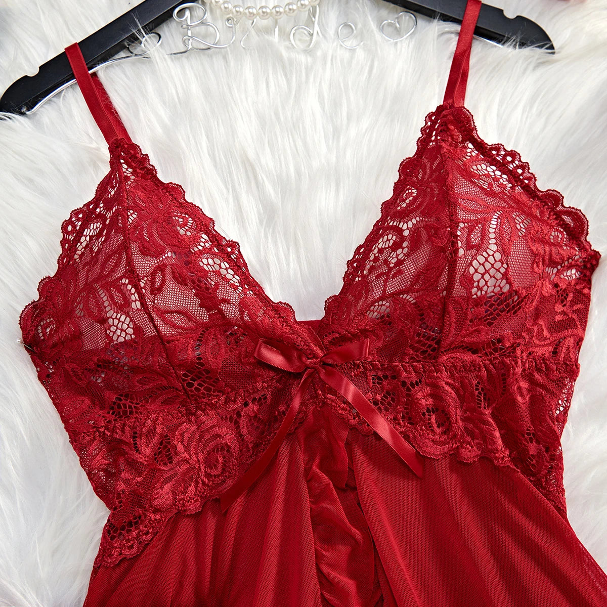 Nuisette d'été en dentelle rouge transparente, ensemble nuisette et culotte sexy pour femme